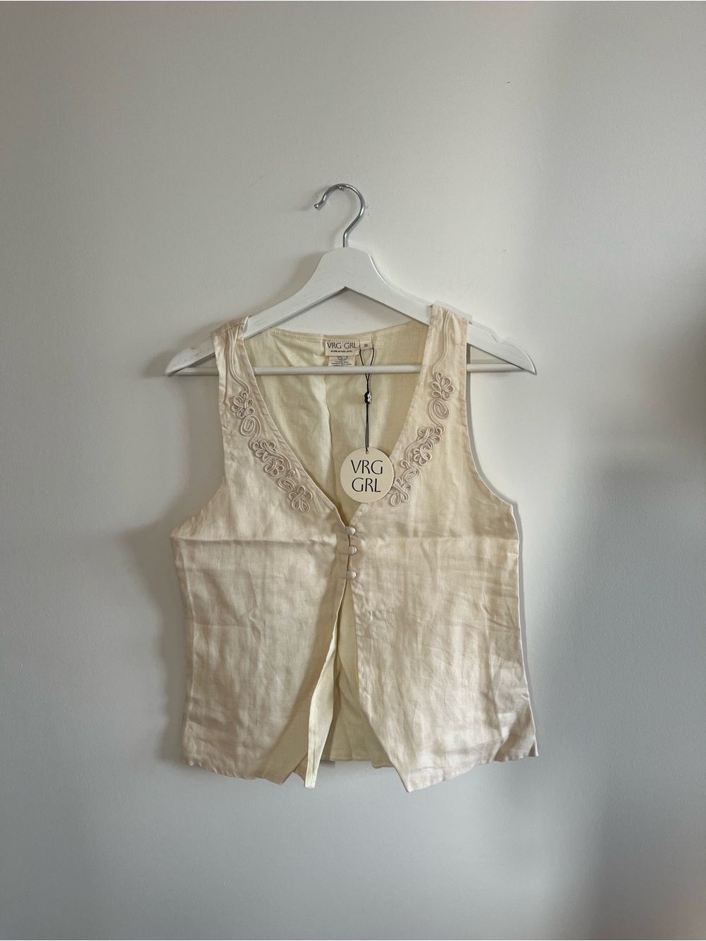 NWT: VRG GRL Cream Embroidered Linen Vest (Size: 8)
